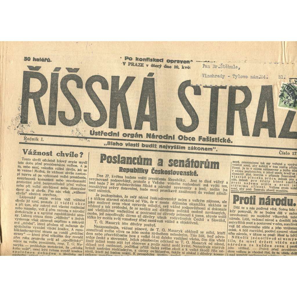 Říšská stráž, ročník I., číslo 17/1927. Ústřední orgán Národní obce fašistické (staré noviny, fašisté, Gajda)
