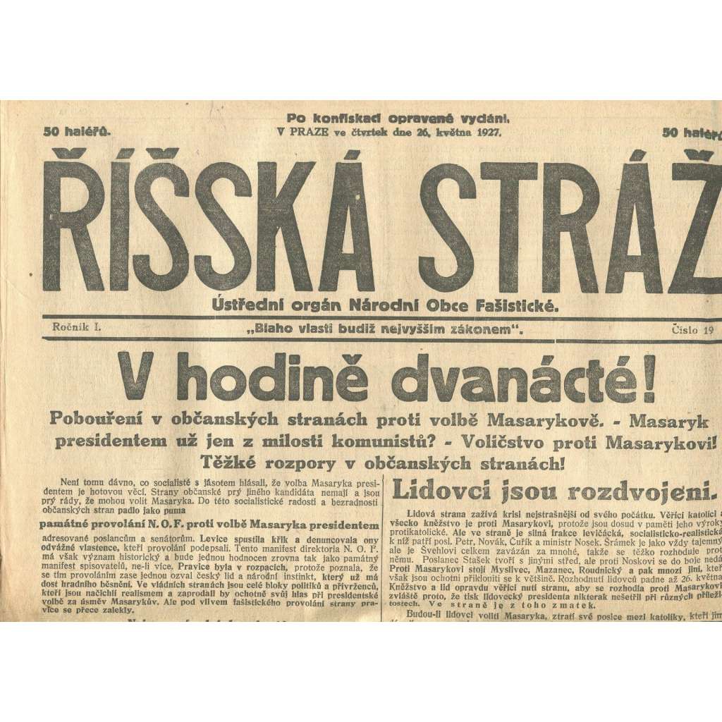 Říšská stráž, ročník I., číslo 19/1927. Ústřední orgán Národní obce fašistické (staré noviny, fašisté, Gajda)