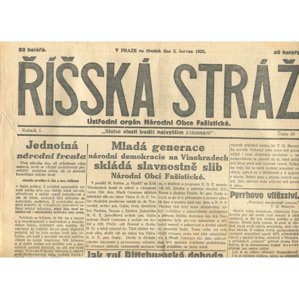 Říšská stráž, ročník I., číslo 20/1927. Ústřední orgán Národní obce fašistické (staré noviny, fašisté, Gajda)