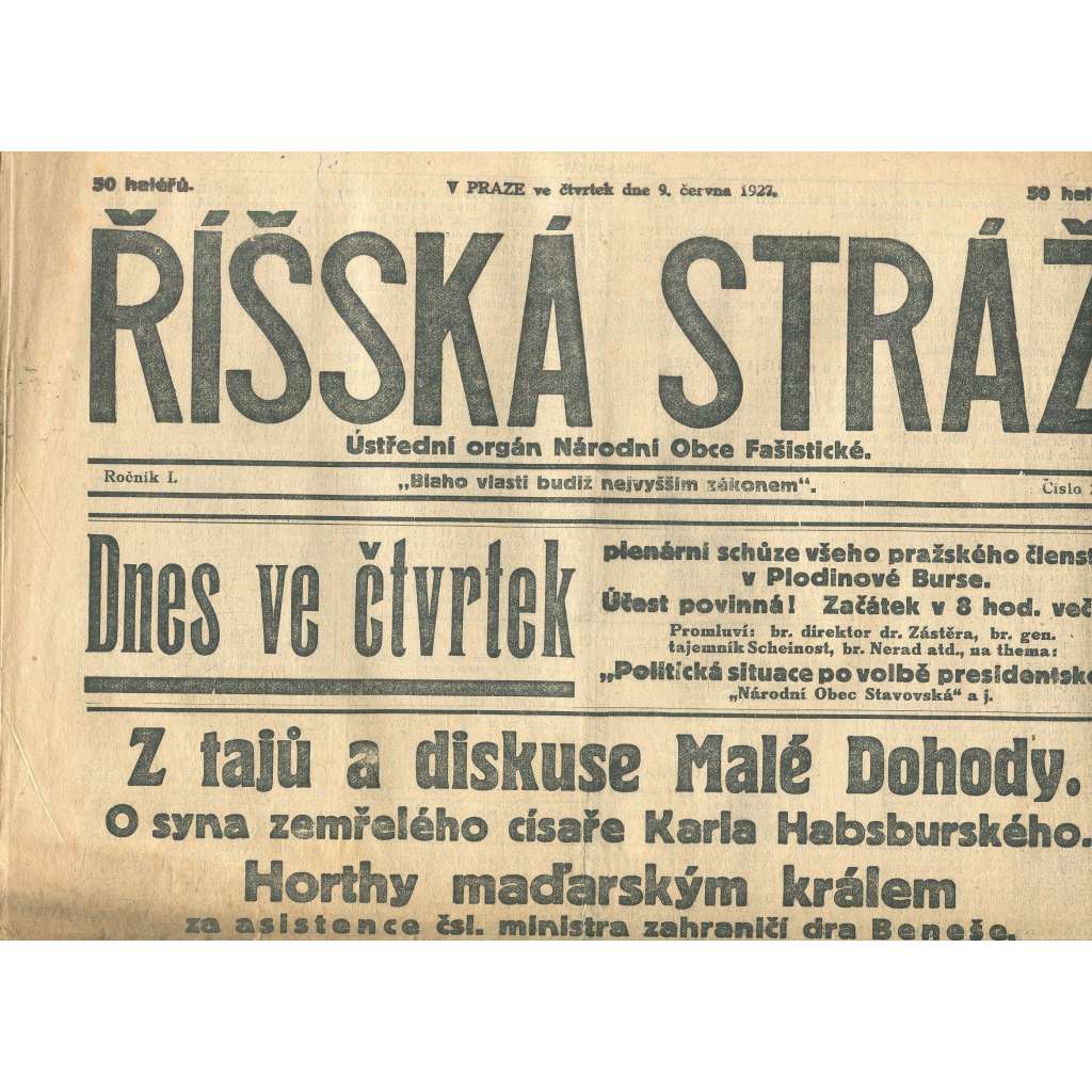 Říšská stráž, ročník I., číslo 21/1927. Ústřední orgán Národní obce fašistické (staré noviny, fašisté, Gajda)