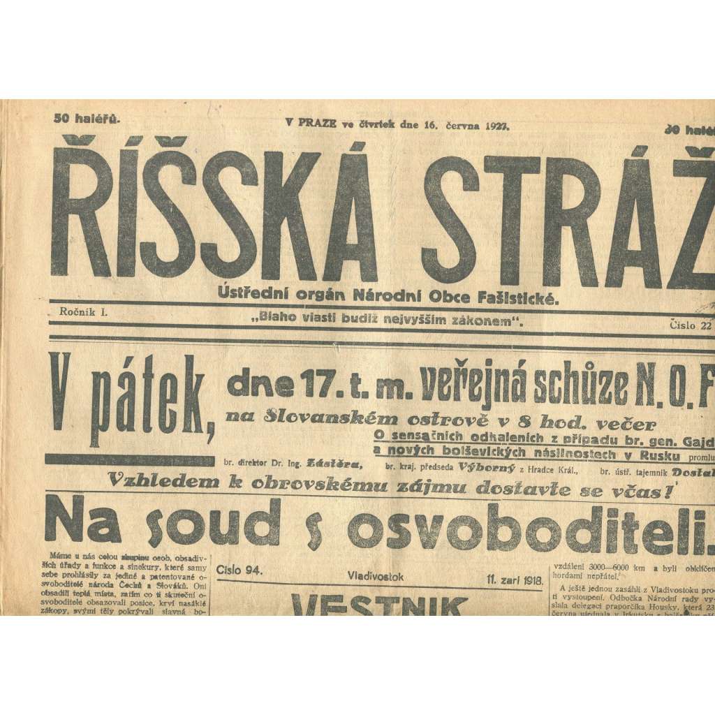 Říšská stráž, ročník I., číslo 22/1927. Ústřední orgán Národní obce fašistické (staré noviny, fašisté, Gajda)