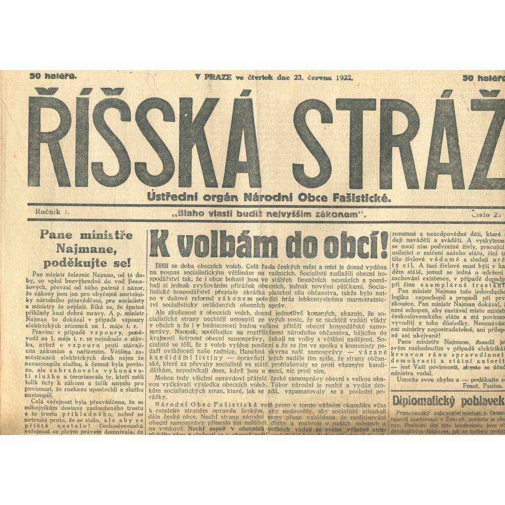Říšská stráž, ročník I., číslo 23/1927. Ústřední orgán Národní obce fašistické (staré noviny, fašisté, Gajda)