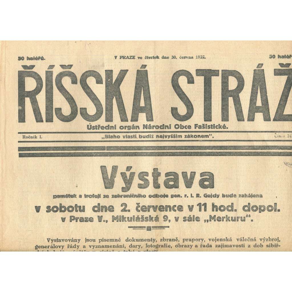 Říšská stráž, ročník I., číslo 24/1927. Ústřední orgán Národní obce fašistické (staré noviny, fašisté, Gajda)