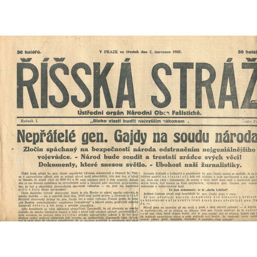 Říšská stráž, ročník I., číslo 25/1927. Ústřední orgán Národní obce fašistické (staré noviny, fašisté, Gajda)