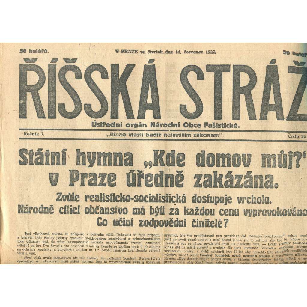 Říšská stráž, ročník I., číslo 26/1927. Ústřední orgán Národní obce fašistické (staré noviny, fašisté, Gajda)