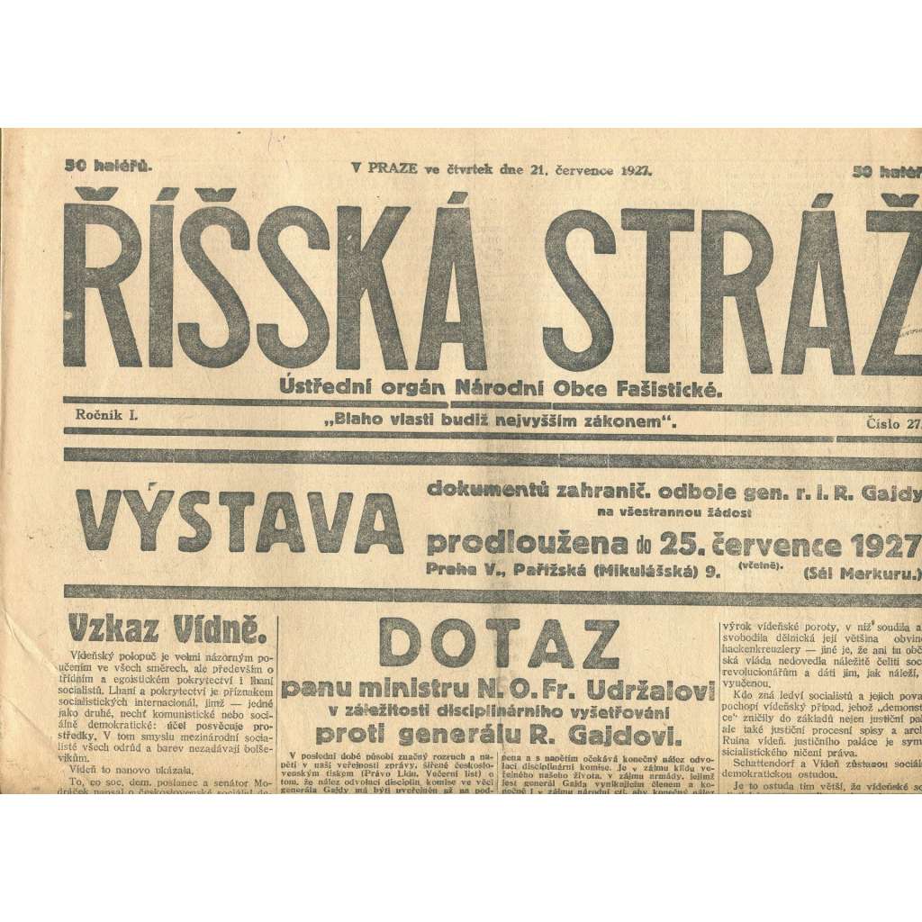 Říšská stráž, ročník I., číslo 27/1927. Ústřední orgán Národní obce fašistické (staré noviny, fašisté, Gajda)