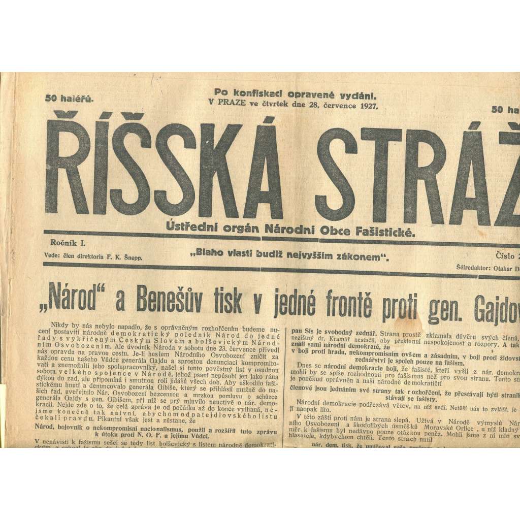 Říšská stráž, ročník I., číslo 28/1927. Ústřední orgán Národní obce fašistické (staré noviny, fašisté, Gajda)