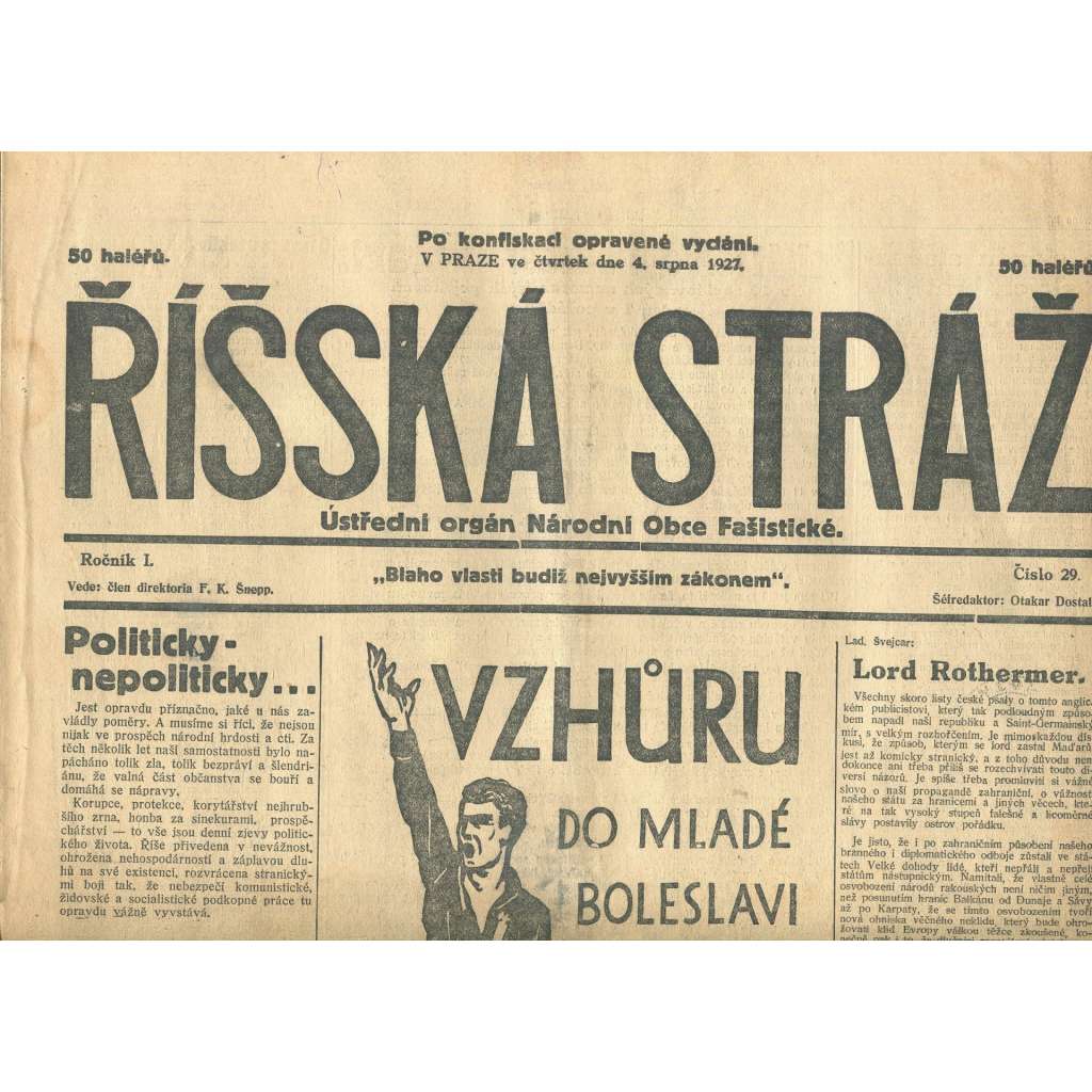 Říšská stráž, ročník I., číslo 29/1927. Ústřední orgán Národní obce fašistické (staré noviny, fašisté, Gajda)