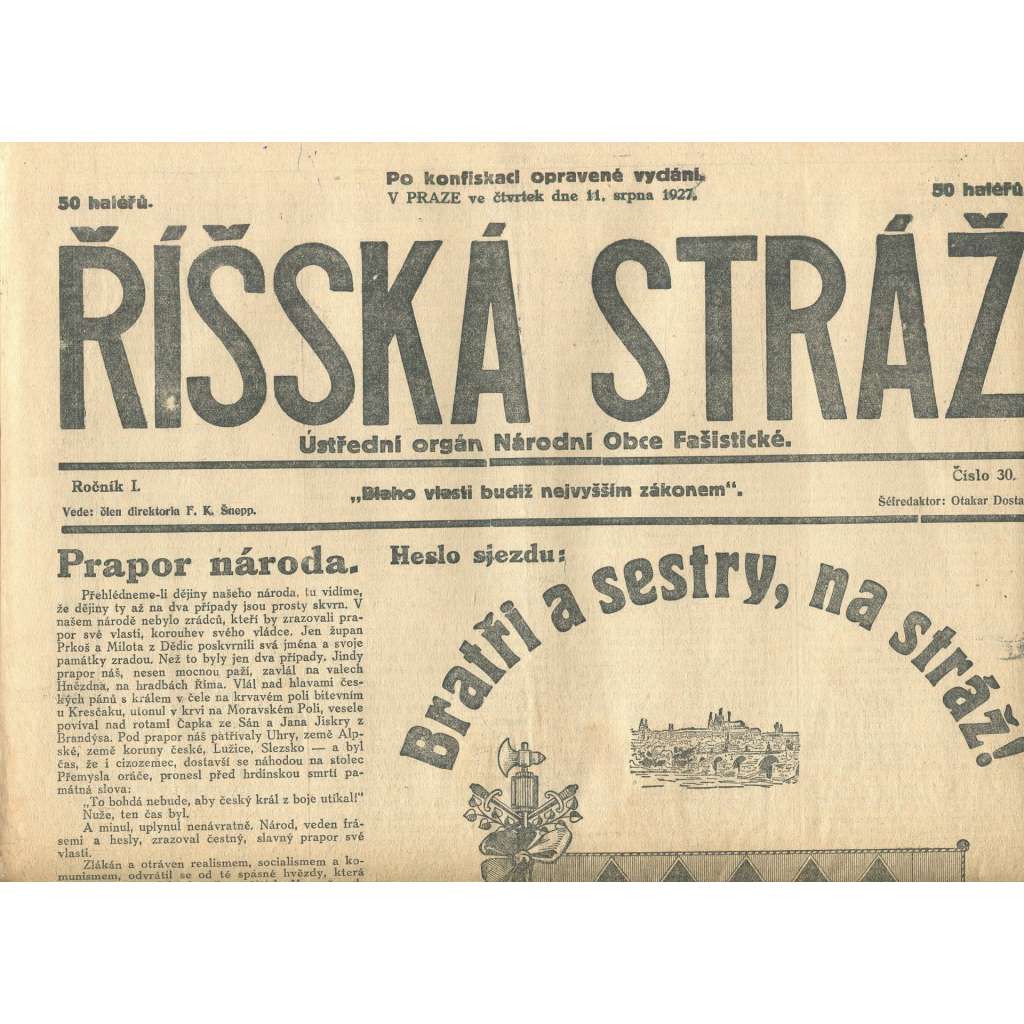 Říšská stráž, ročník I., číslo 30/1927. Ústřední orgán Národní obce fašistické (staré noviny, fašisté, Gajda)