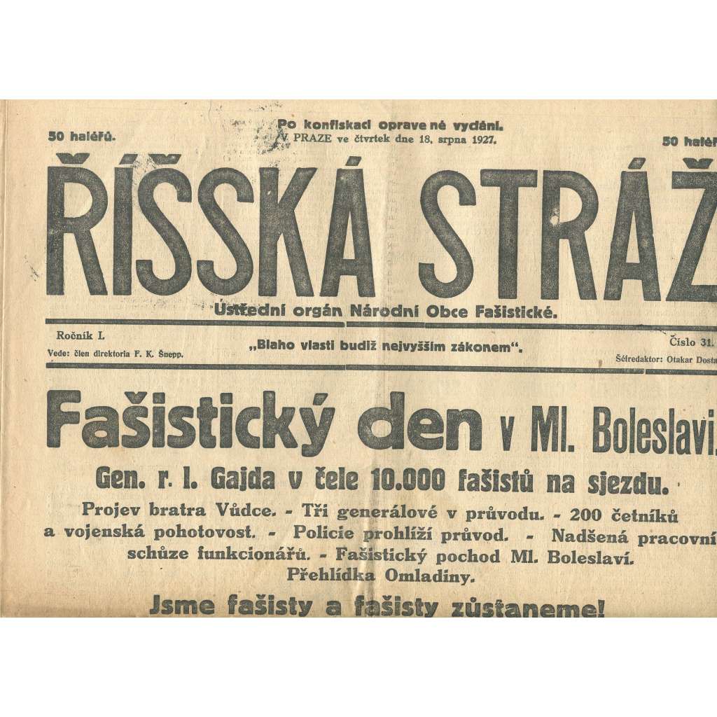 Říšská stráž, ročník I., číslo 31/1927. Ústřední orgán Národní obce fašistické (staré noviny, fašisté, Gajda)