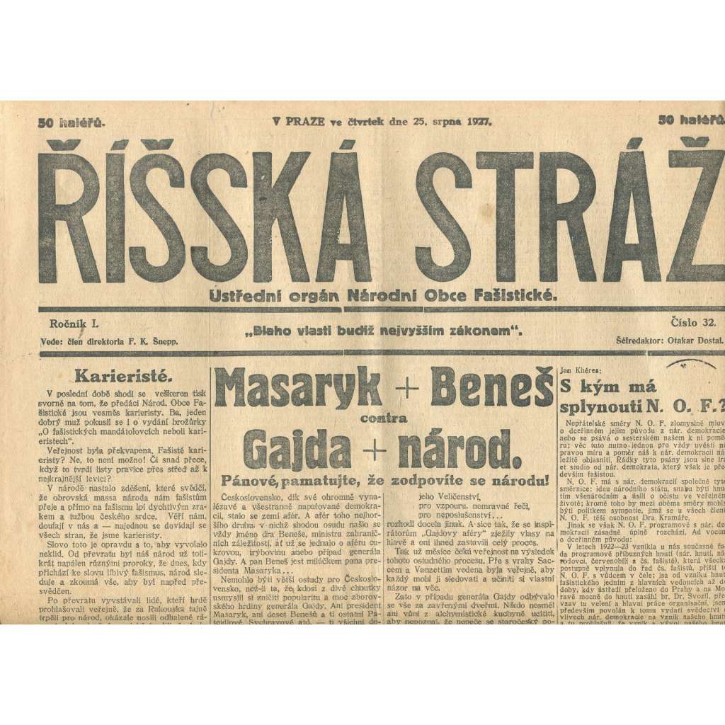 Říšská stráž, ročník I., číslo 32/1927. Ústřední orgán Národní obce fašistické (staré noviny, fašisté, Gajda)