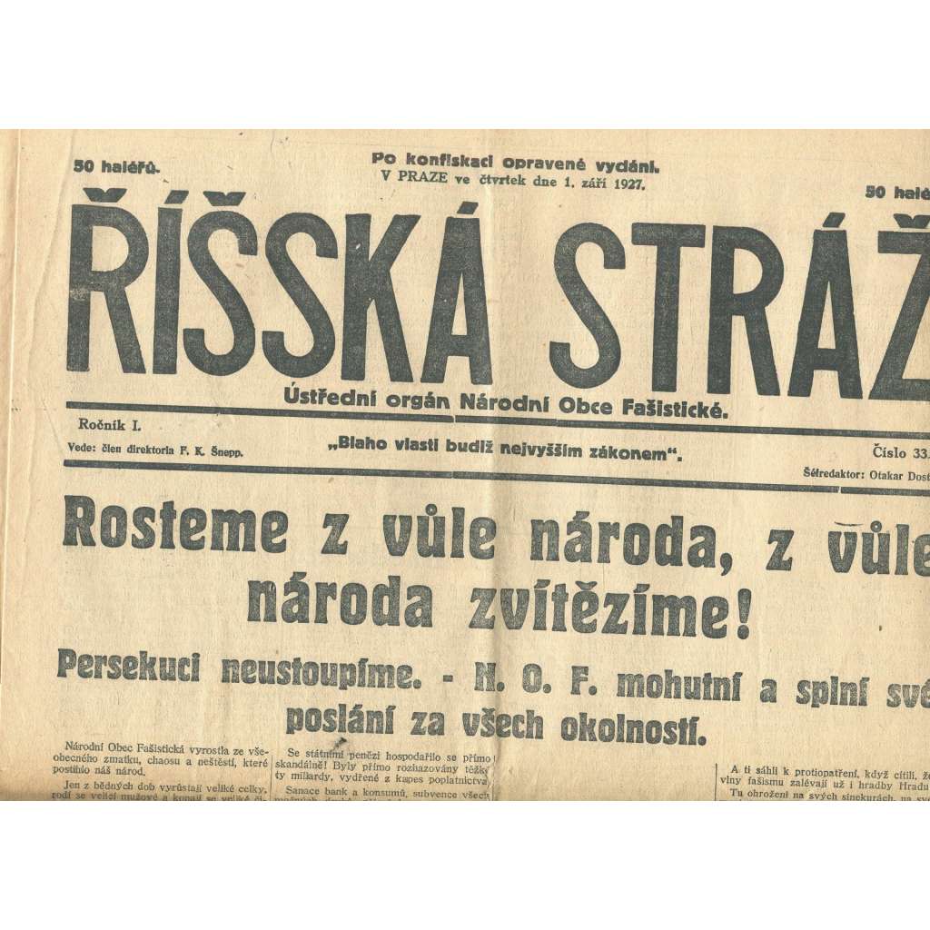 Říšská stráž, ročník I., číslo 33/1927. Ústřední orgán Národní obce fašistické (staré noviny, fašisté, Gajda)