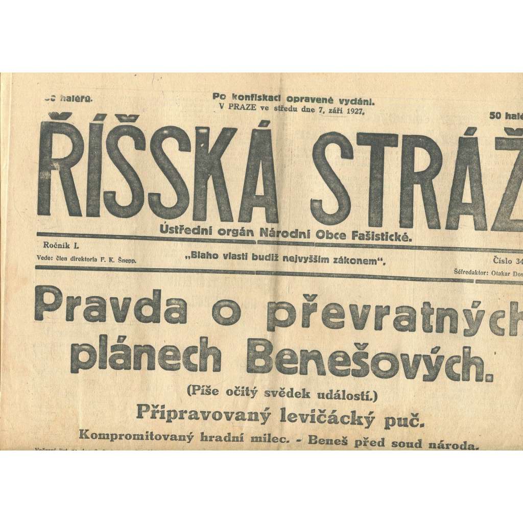 Říšská stráž, ročník I., číslo 34/1927. Ústřední orgán Národní obce fašistické (staré noviny, fašisté, Gajda)