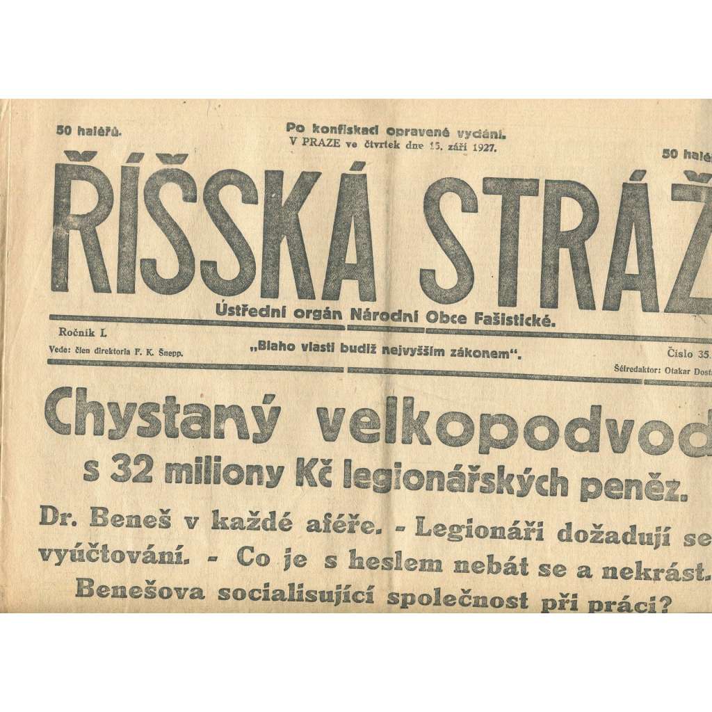 Říšská stráž, ročník I., číslo 35/1927. Ústřední orgán Národní obce fašistické (staré noviny, fašisté, Gajda)