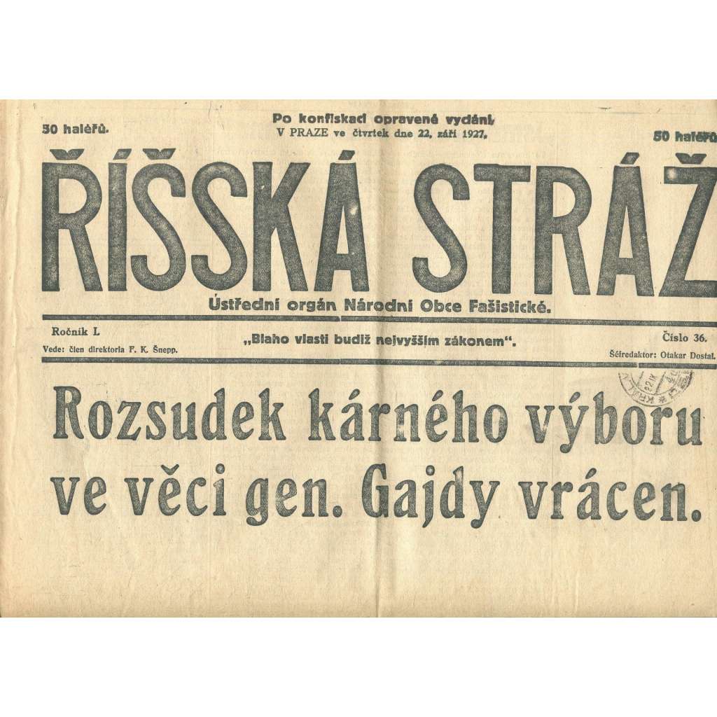 Říšská stráž, ročník I., číslo 36/1927. Ústřední orgán Národní obce fašistické (staré noviny, fašisté, Gajda)