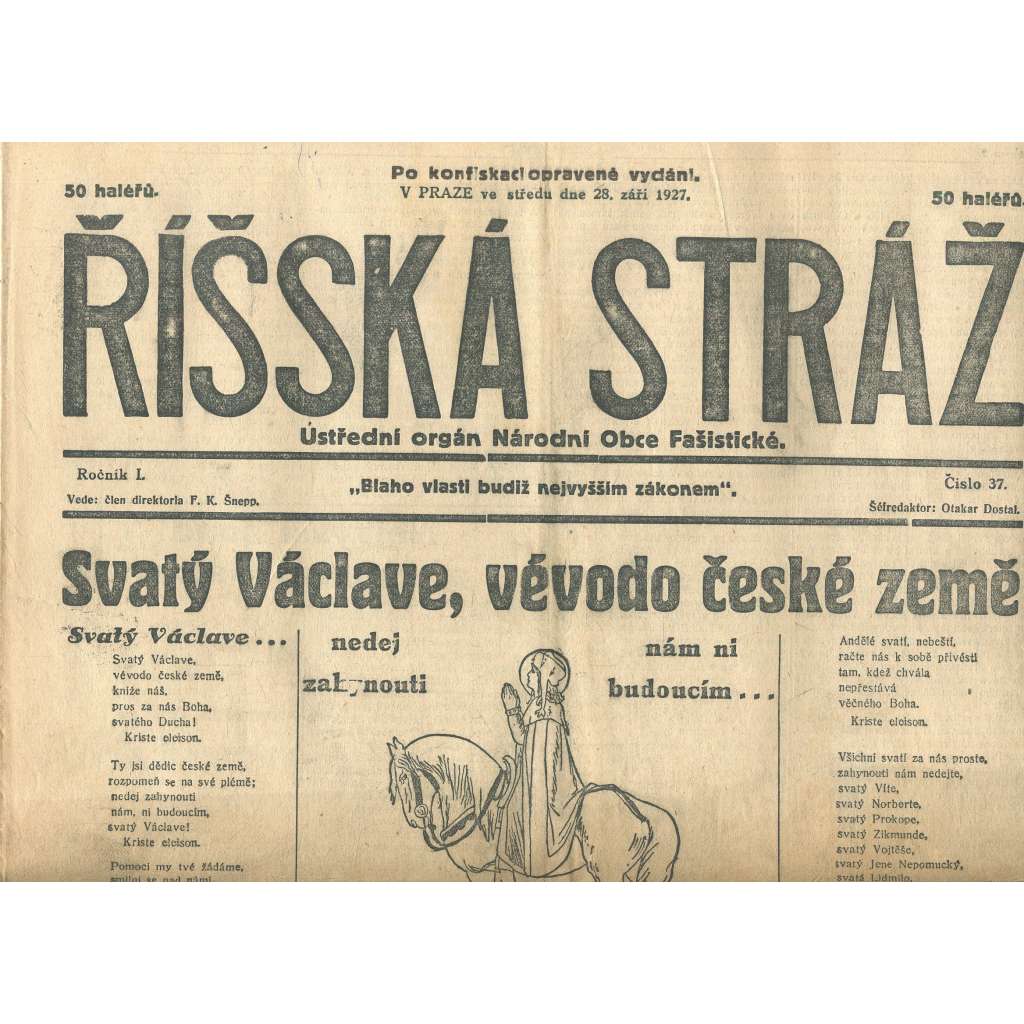 Říšská stráž, ročník I., číslo 37/1927. Ústřední orgán Národní obce fašistické (staré noviny, fašisté, Gajda)