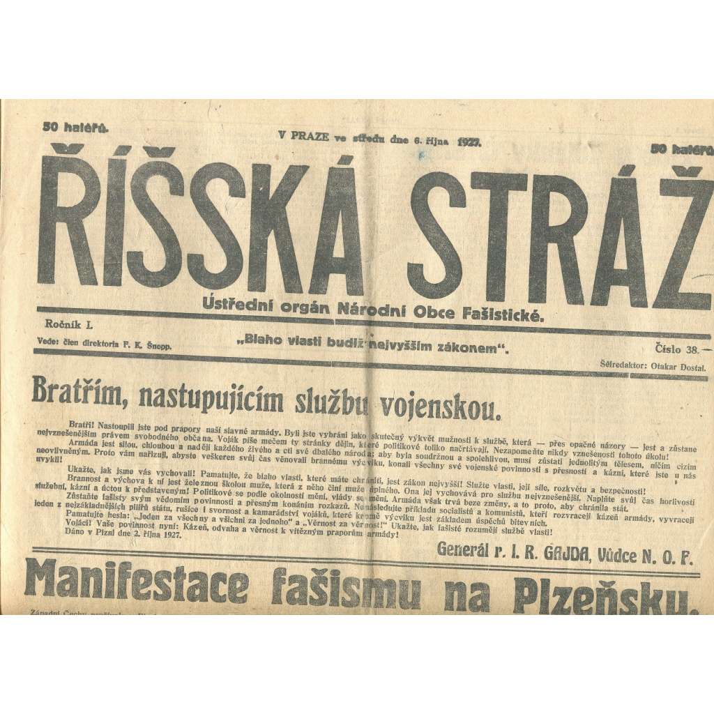 Říšská stráž, ročník I., číslo 38/1927. Ústřední orgán Národní obce fašistické (staré noviny, fašisté, Gajda)