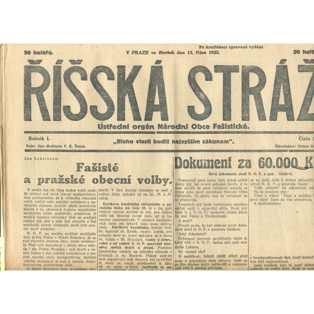 Říšská stráž, ročník I., číslo 39/1927. Ústřední orgán Národní obce fašistické (staré noviny, fašisté, Gajda)