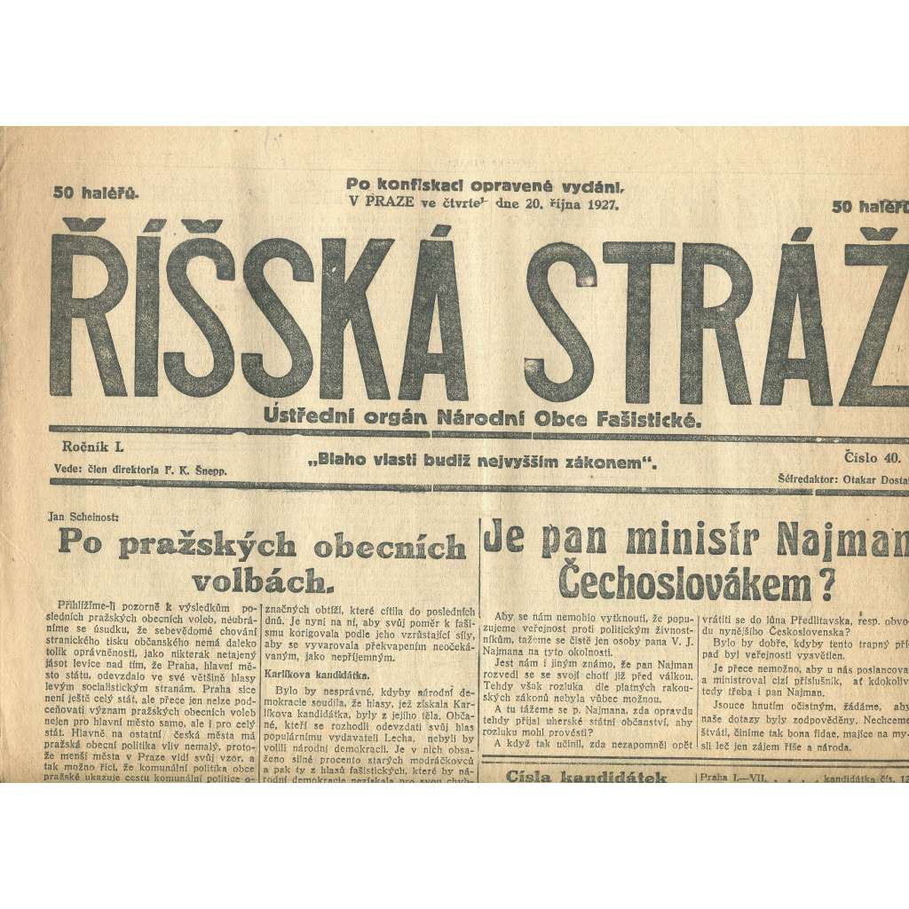 Říšská stráž, ročník I., číslo 40/1927. Ústřední orgán Národní obce fašistické (staré noviny, fašisté, Gajda)