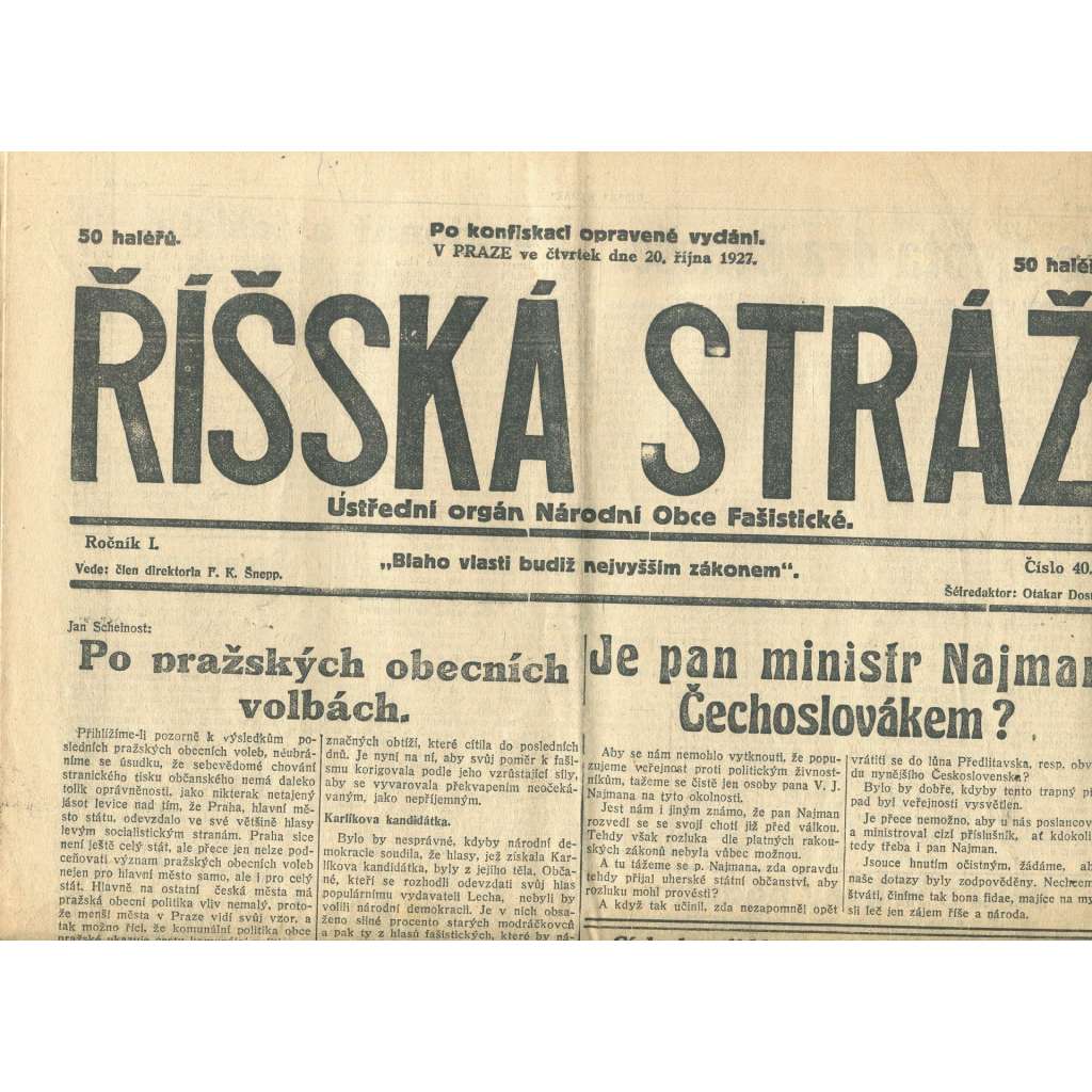 Říšská stráž, ročník I., číslo 40/1927. Ústřední orgán Národní obce fašistické (staré noviny, fašisté, Gajda)