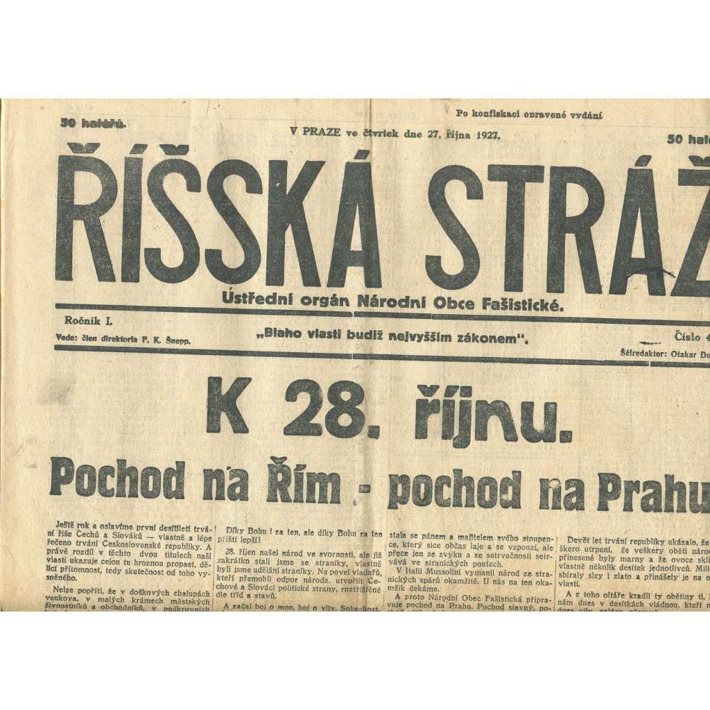 Říšská stráž, ročník I., číslo 41/1927. Ústřední orgán Národní obce fašistické (staré noviny, fašisté, Gajda)