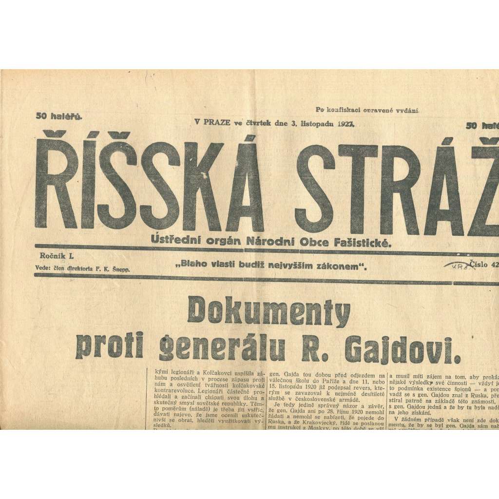 Říšská stráž, ročník I., číslo 42/1927. Ústřední orgán Národní obce fašistické (staré noviny, fašisté, Gajda)