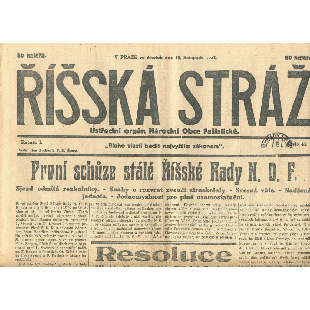 Říšská stráž, ročník I., číslo 43/1927. Ústřední orgán Národní obce fašistické (staré noviny, fašisté, Gajda)