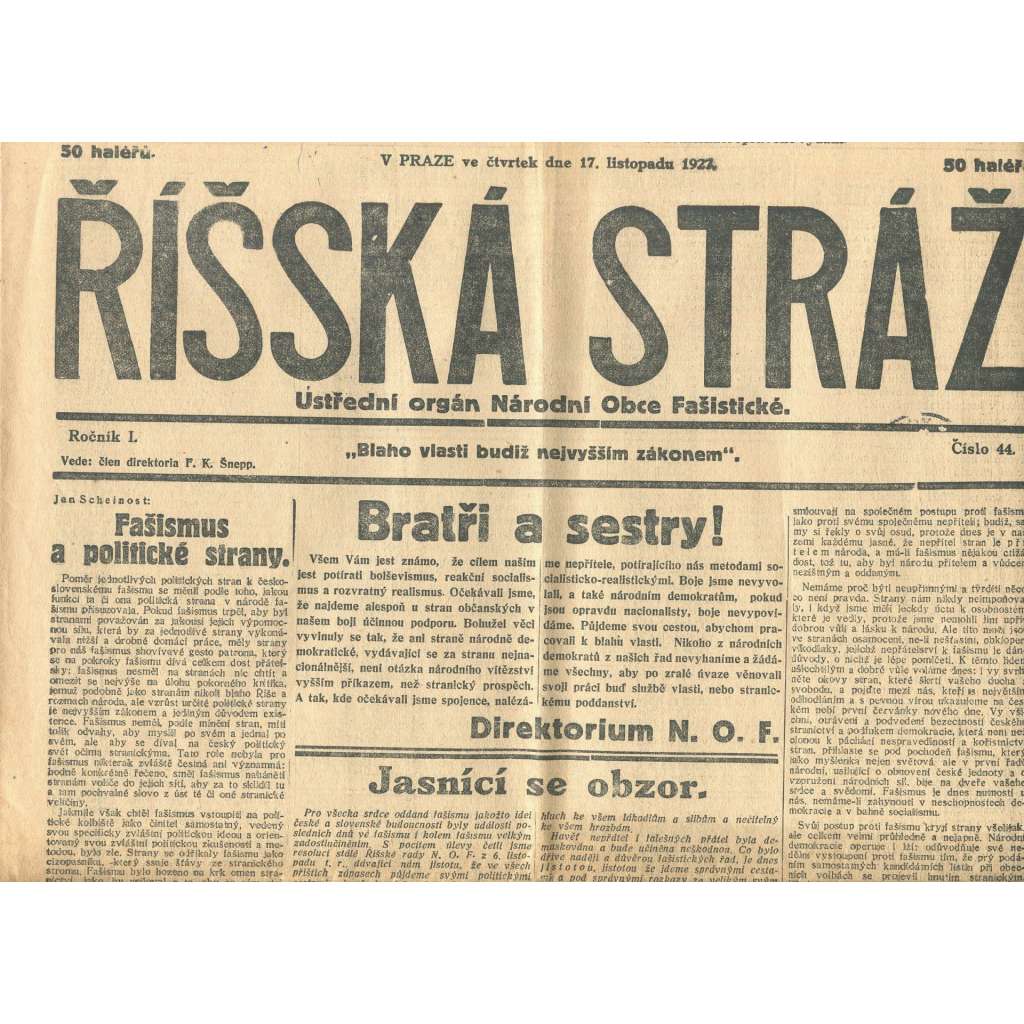 Říšská stráž, ročník I., číslo 44/1927. Ústřední orgán Národní obce fašistické (staré noviny, fašisté, Gajda)