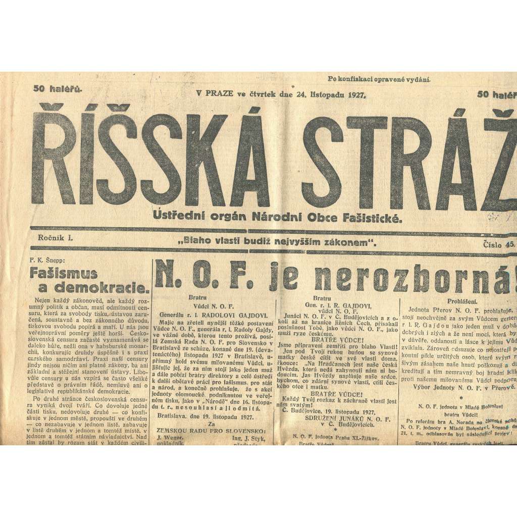 Říšská stráž, ročník I., číslo 45/1927. Ústřední orgán Národní obce fašistické (staré noviny, fašisté, Gajda)