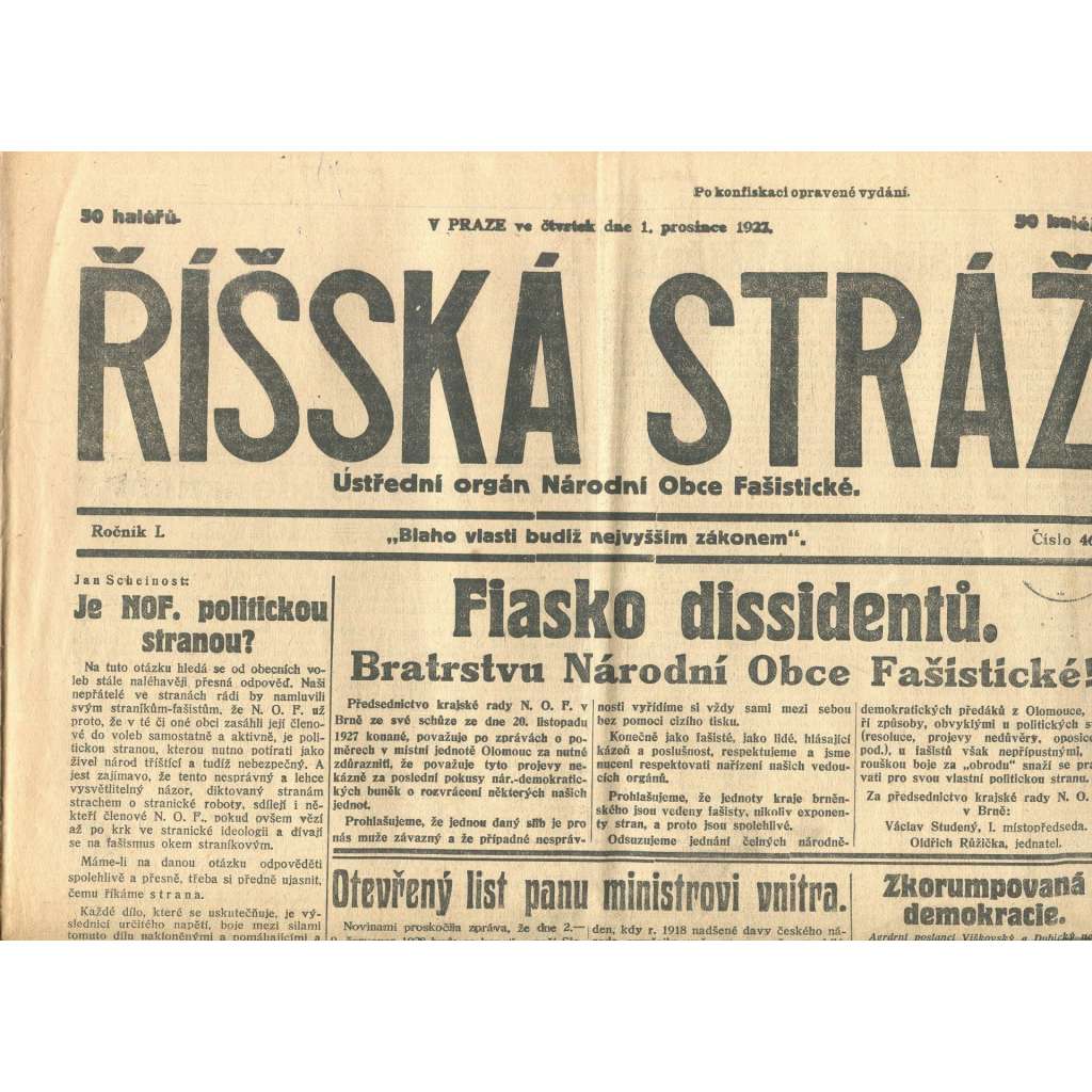 Říšská stráž, ročník I., číslo 46/1927. Ústřední orgán Národní obce fašistické (staré noviny, fašisté, Gajda)
