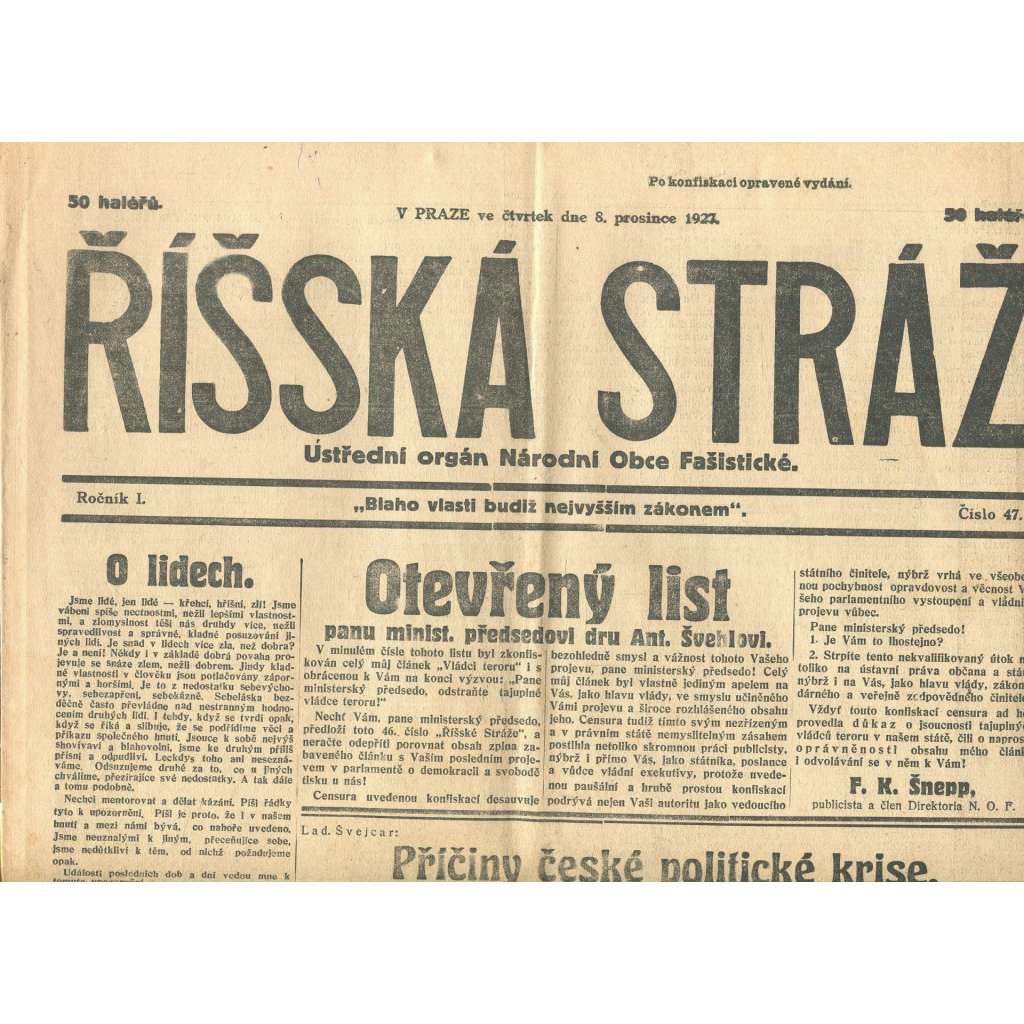 Říšská stráž, ročník I., číslo 47/1927. Ústřední orgán Národní obce fašistické (staré noviny, fašisté, Gajda)