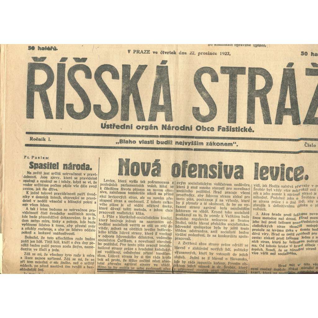 Říšská stráž, ročník I., číslo 49/1927. Ústřední orgán Národní obce fašistické (staré noviny, fašisté, Gajda)