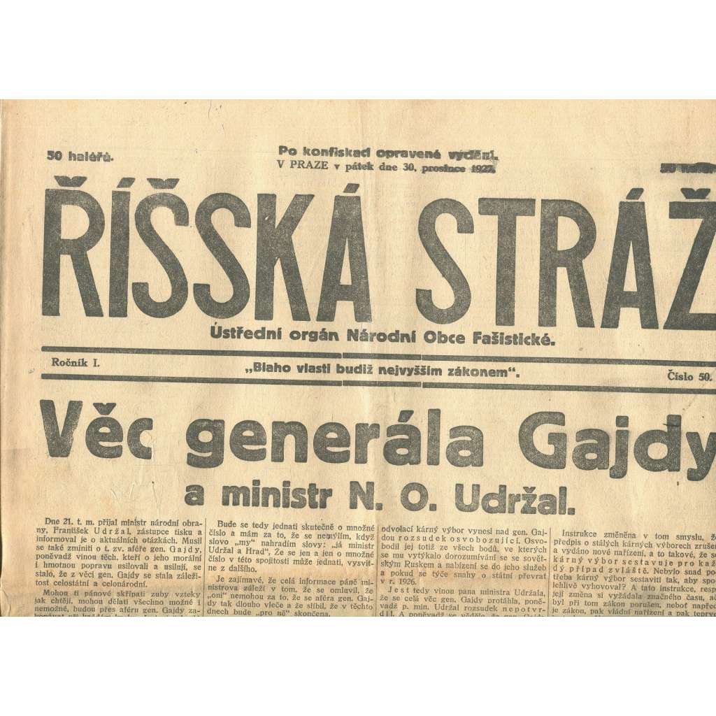 Říšská stráž, ročník I., číslo 50/1927. Ústřední orgán Národní obce fašistické (staré noviny, fašisté, Gajda)