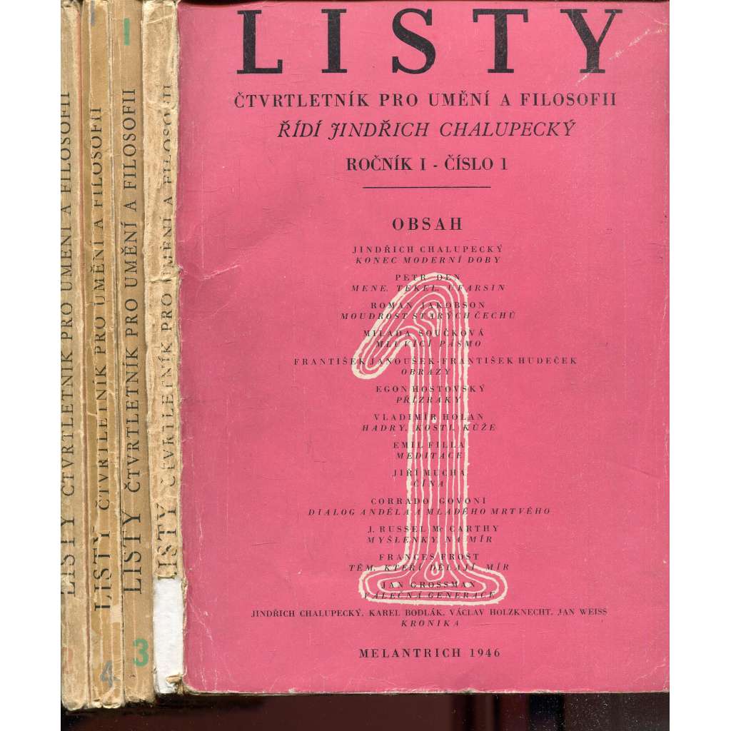 Listy, ročník I., číslo 1-4/1946. Čtvrtletník pro umění a filosofii (4 svazky)