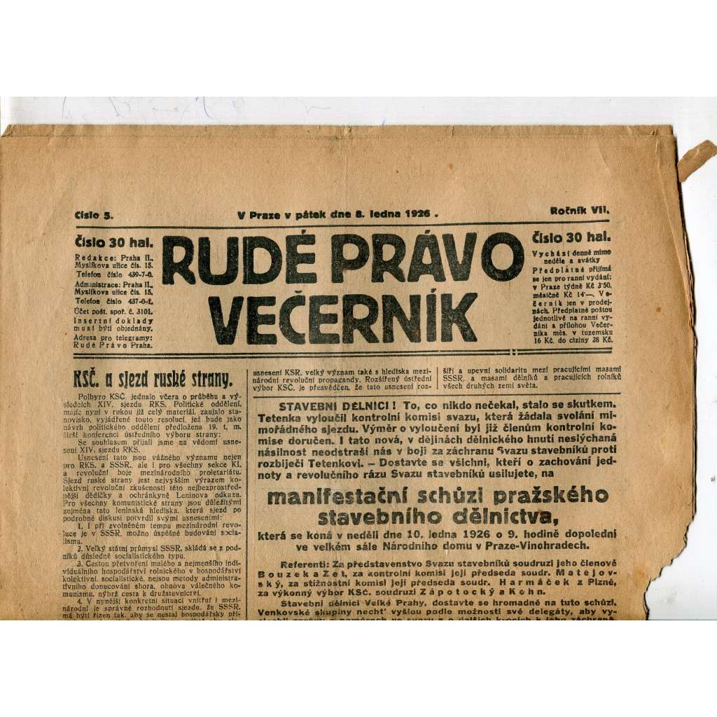 Rudé právo - večerník, ročník VII., číslo 5 (8.1.1926) - staré noviny, 1. republika