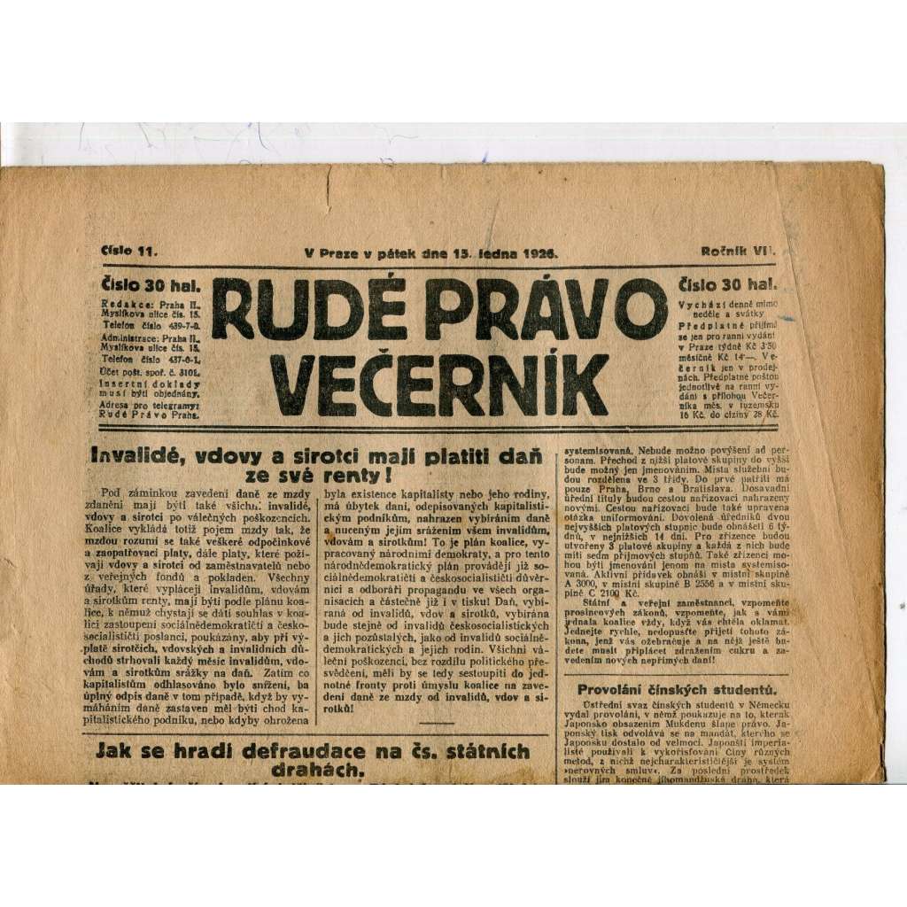 Rudé právo - večerník, ročník VII., číslo 11 (15.1.1926) - staré noviny, 1. republika