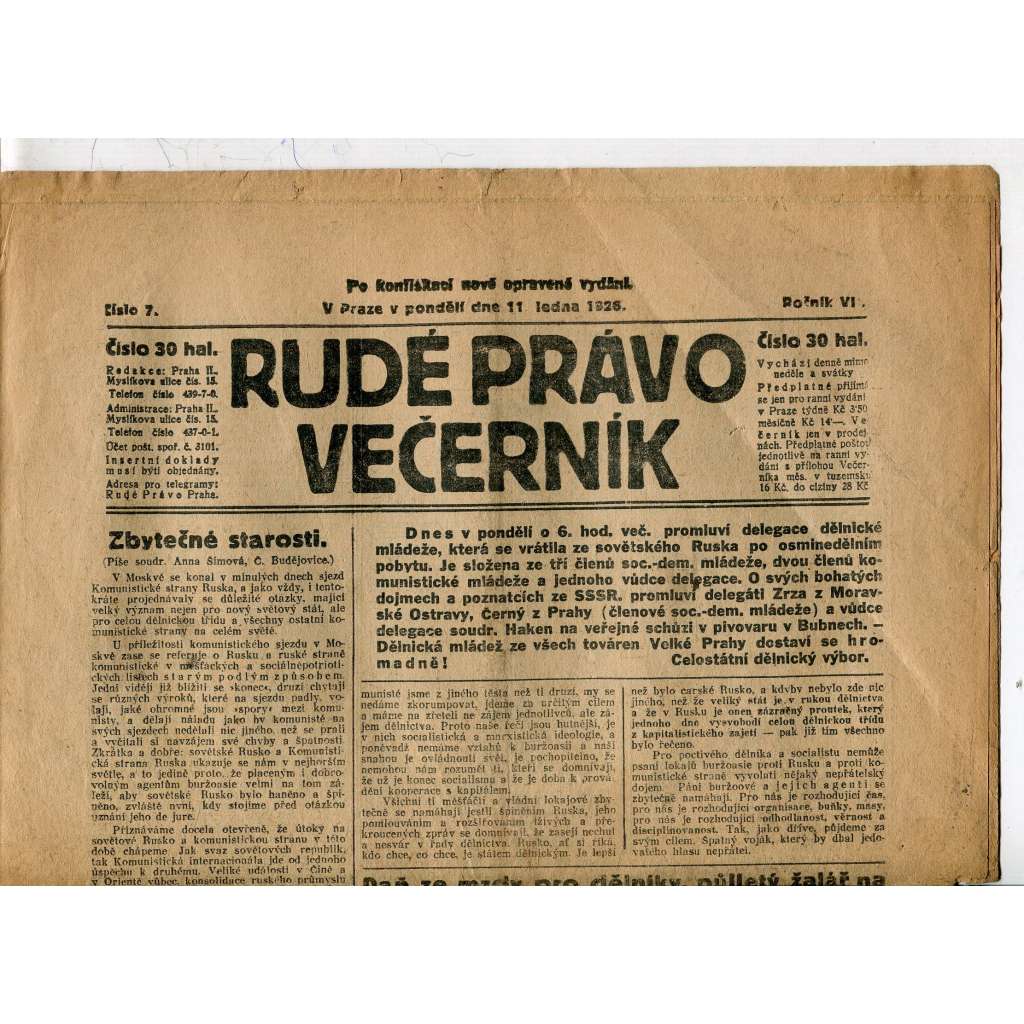 Rudé právo - večerník, ročník VII., číslo 7 (11.1.1926) - staré noviny, 1. republika