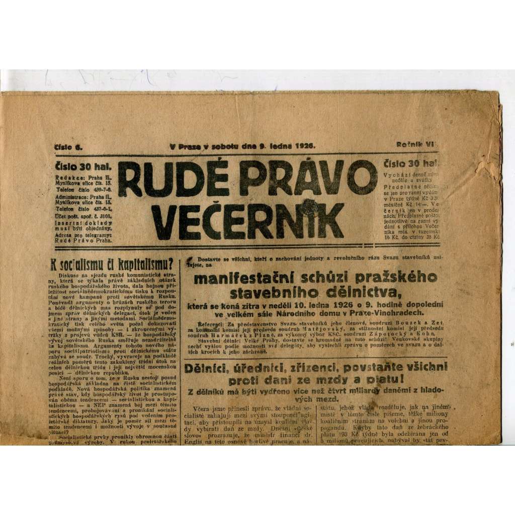 Rudé právo - večerník, ročník VII., číslo 6 (9.1.1926) - staré noviny, 1. republika