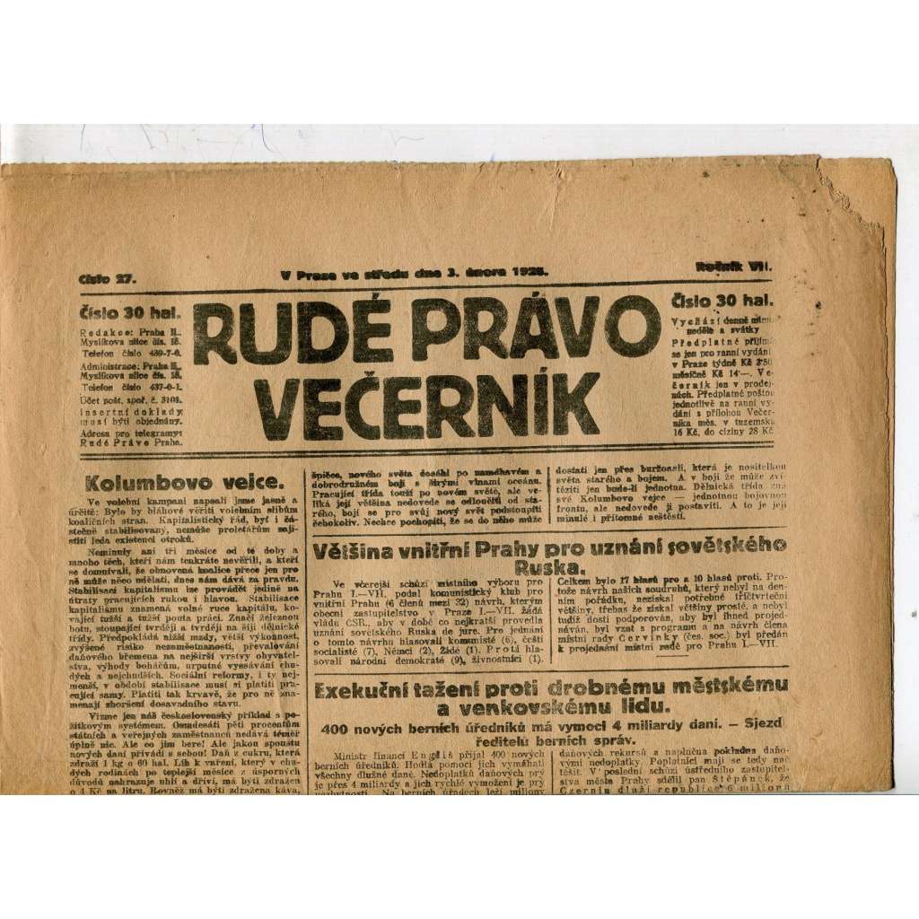 Rudé právo - večerník, ročník VII., číslo 27 (3.2.1926) - staré noviny, 1. republika