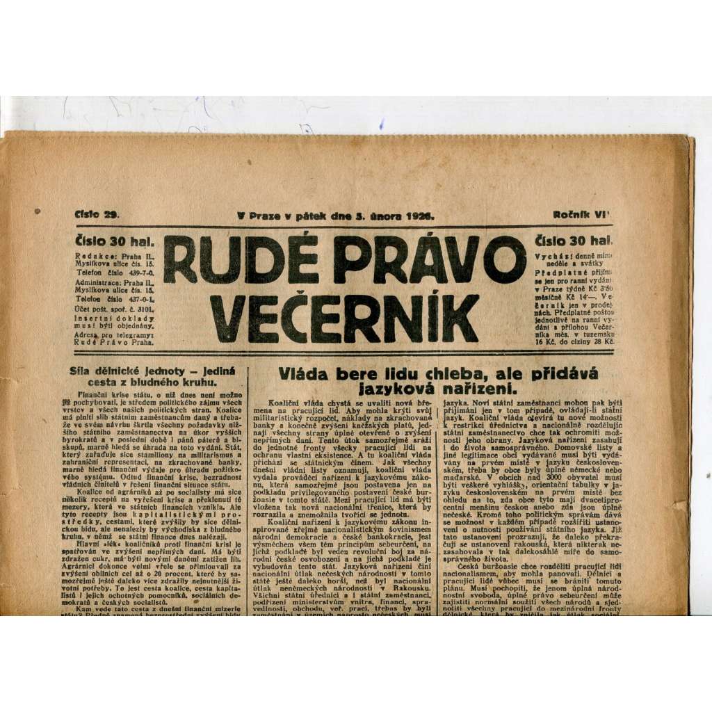Rudé právo - večerník, ročník VII., číslo 29 (5.2.1926) - staré noviny, 1. republika