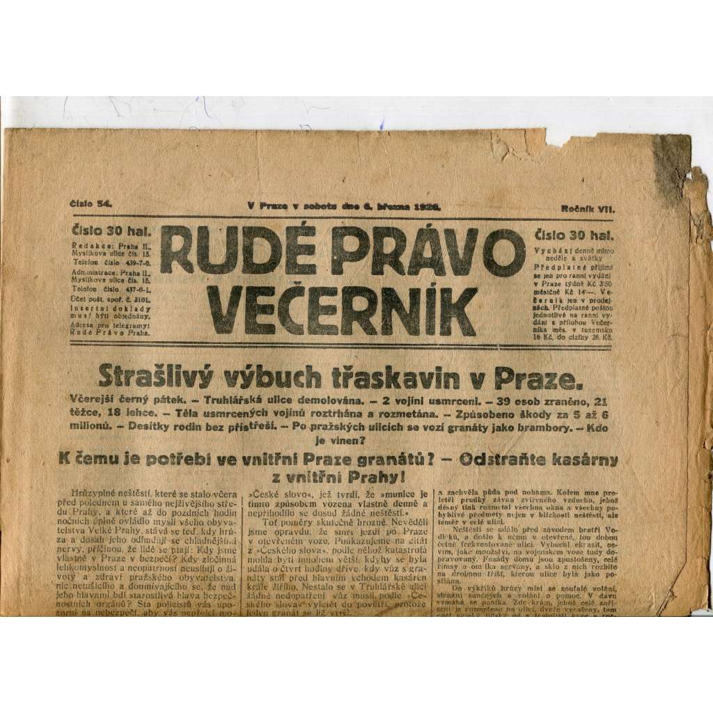 Rudé právo - večerník, ročník VII., číslo 54 (6.3.1926) - staré noviny, 1. republika