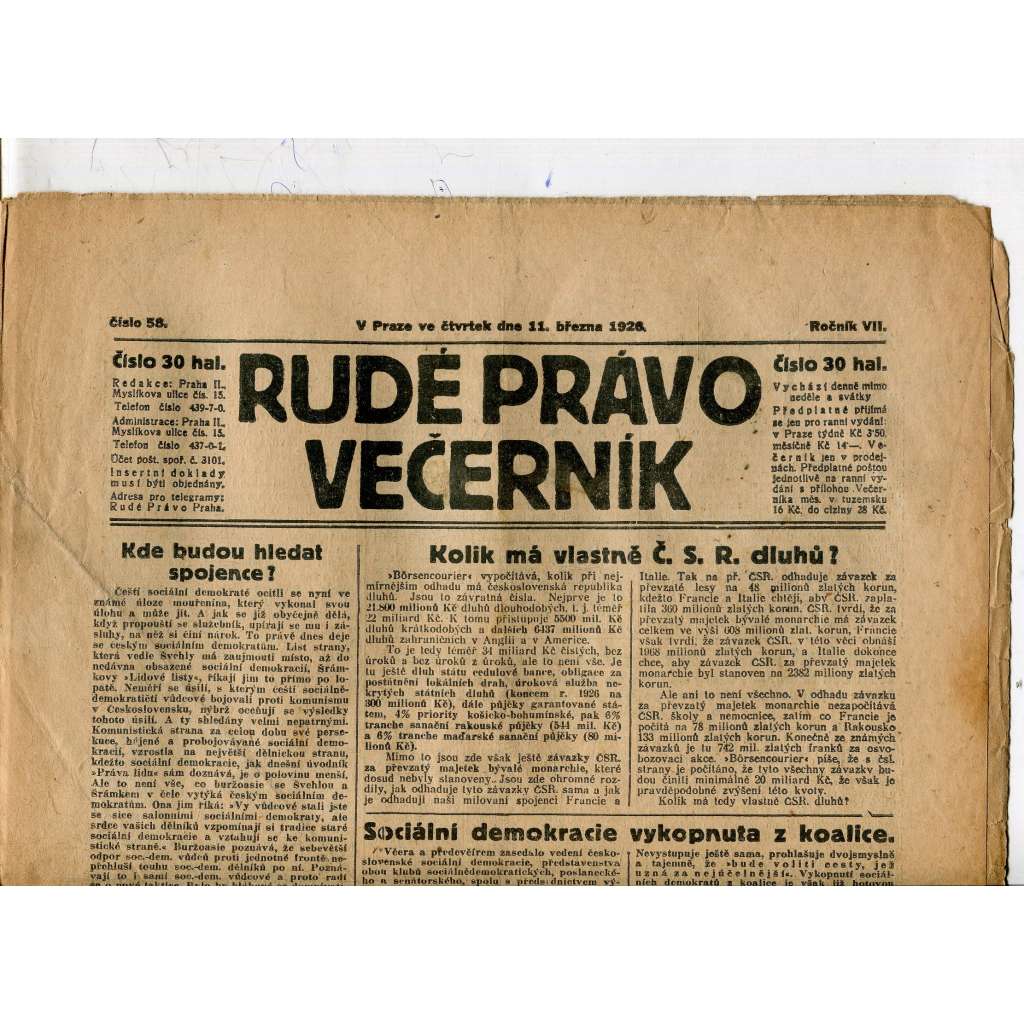 Rudé právo - večerník, ročník VII., číslo 58 (11.3.1926) - staré noviny, 1. republika