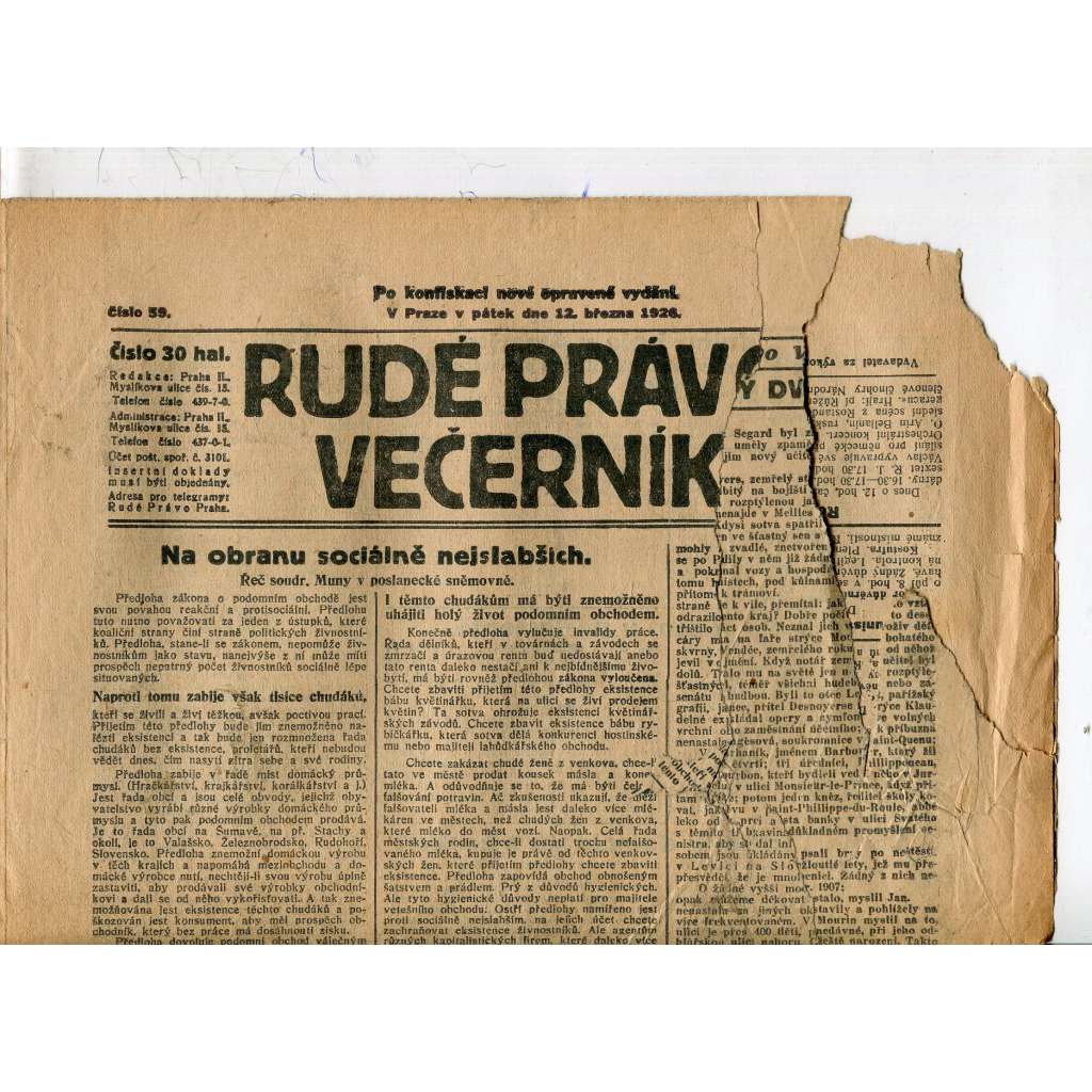 Rudé právo - večerník, ročník VII., číslo 59 (12.3.1926) - staré noviny, 1. republika (pošk.)