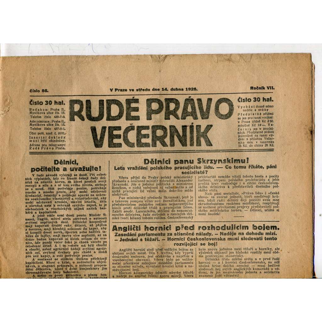 Rudé právo - večerník, ročník VII., číslo 86 (14.4.1926) - staré noviny, 1. republika