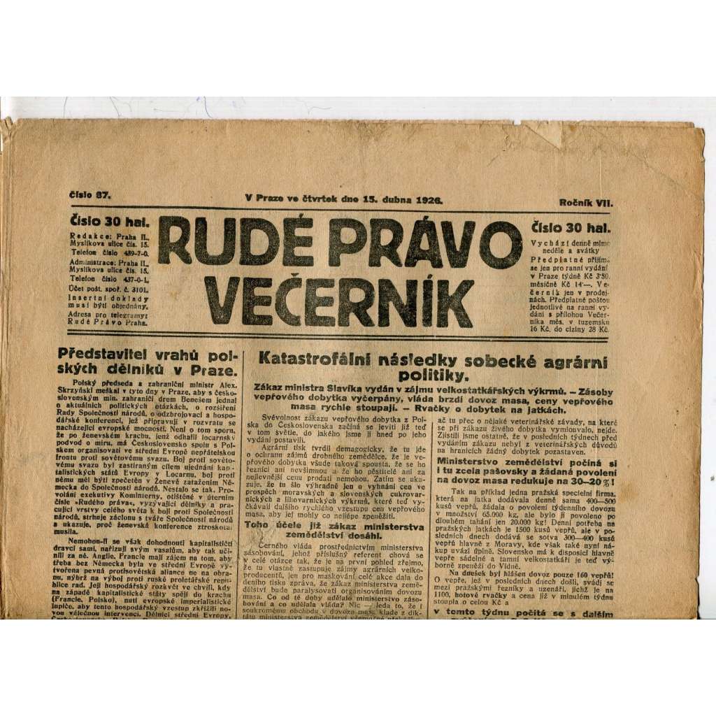 Rudé právo - večerník, ročník VII., číslo 87 (15.4.1926) - staré noviny, 1. republika