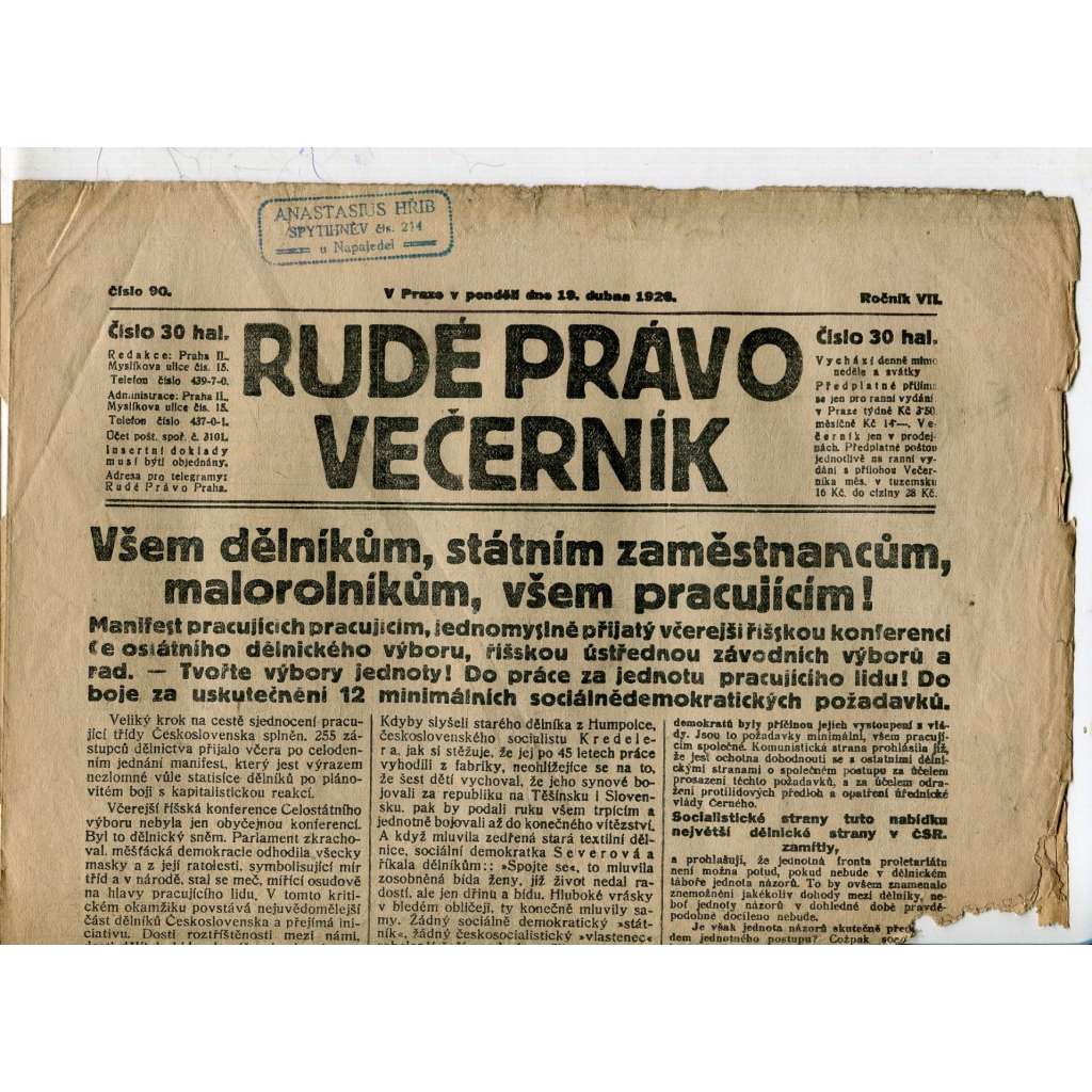 Rudé právo - večerník, ročník VII., číslo 90 (19.4.1926) - staré noviny, 1. republika