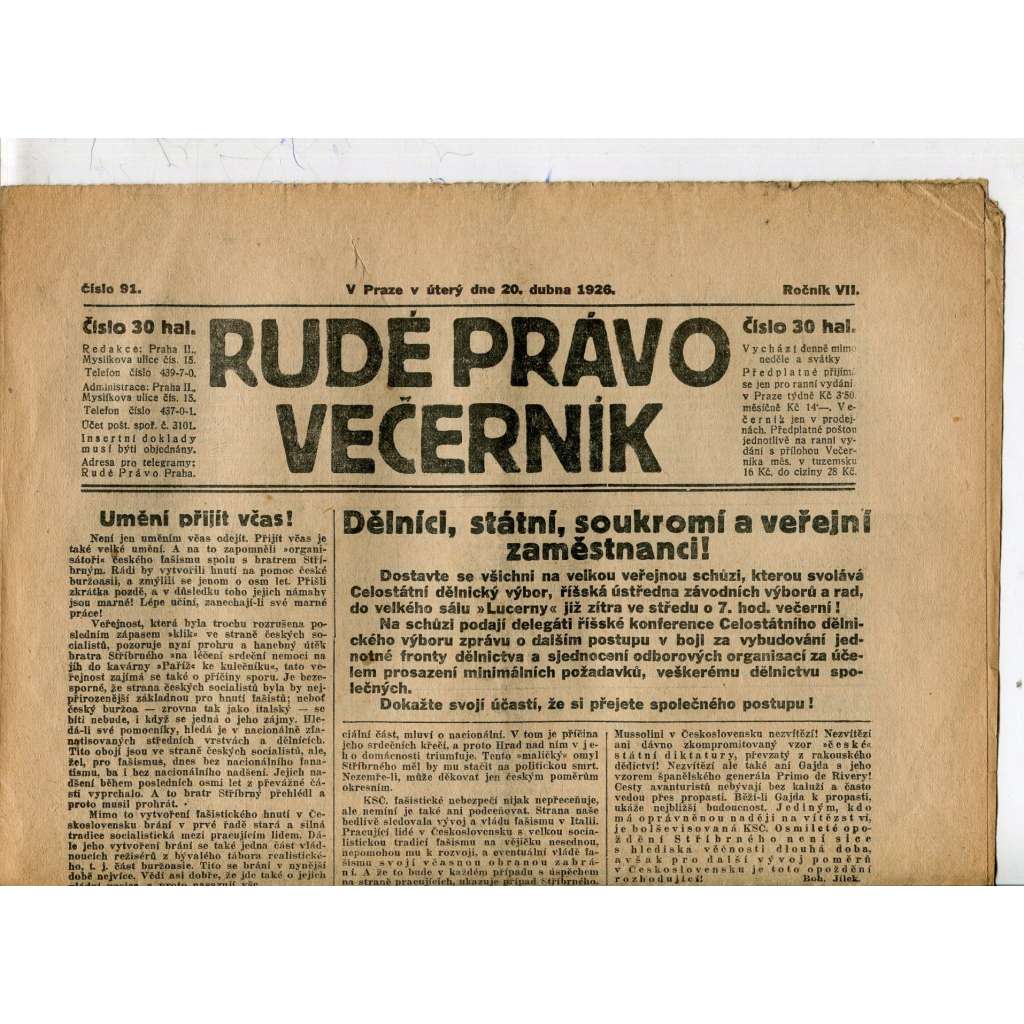 Rudé právo - večerník, ročník VII., číslo 91 (20.4.1926) - staré noviny, 1. republika