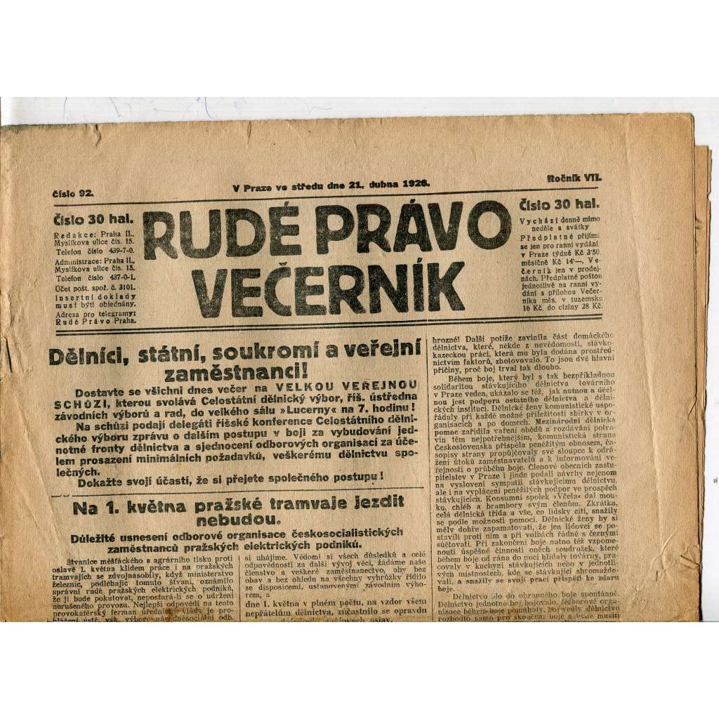 Rudé právo - večerník, ročník VII., číslo 92 (21.4.1926) - staré noviny, 1. republika