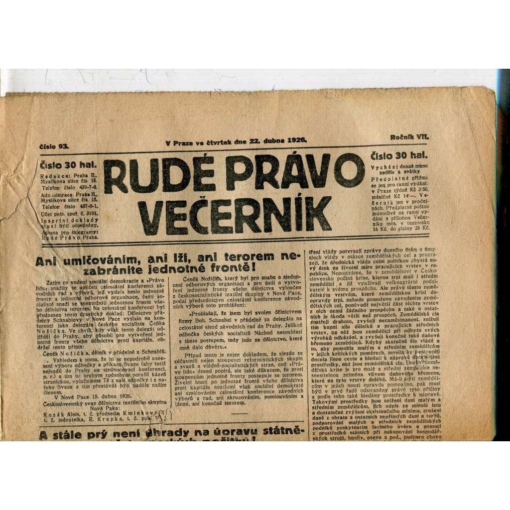 Rudé právo - večerník, ročník VII., číslo 93 (22.4.1926) - staré noviny, 1. republika