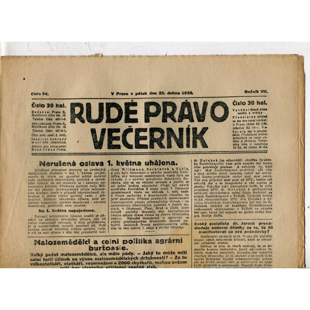 Rudé právo - večerník, ročník VII., číslo 94 (23.4.1926) - staré noviny, 1. republika